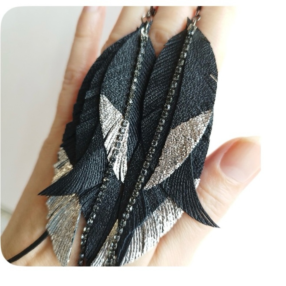 Black and Silver Feather Earrings